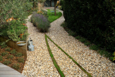 Over head shot of stone pathway and lavender bushes
