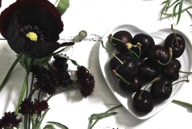 cherry black flowers on white floorboards