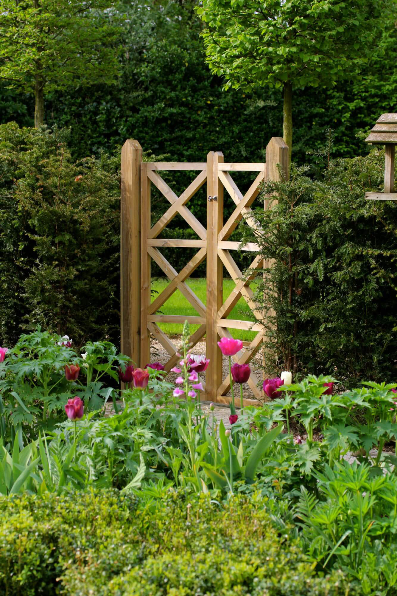 Cottage garden style planting in front of bespoke wooden gate