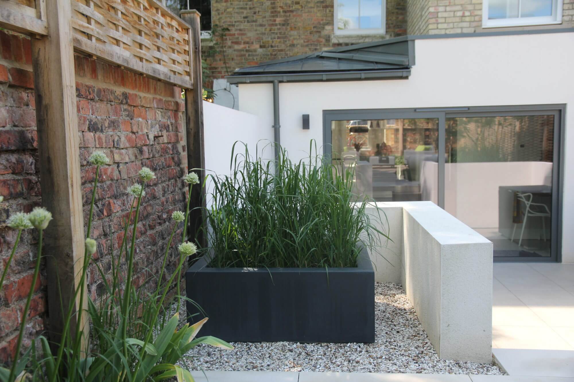 modern Oxford townhouse garden planters and rendered walls with planting