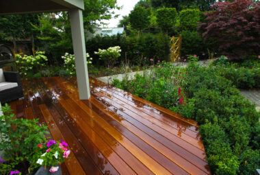 Wooden garden decking straight after rain fall with lush green borders