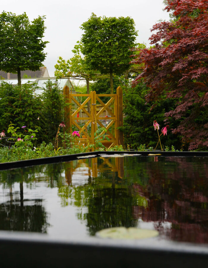 black water pool in garden in Witney with wooden gates and planting