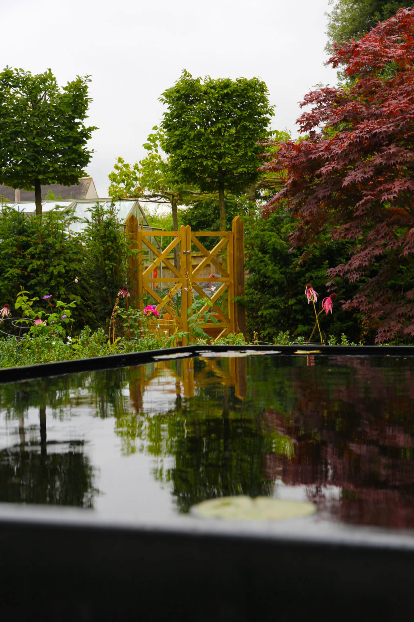 black water pool in garden in Witney with wooden gates and planting