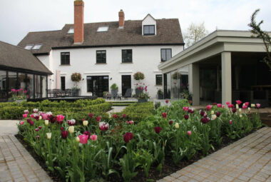 Array of purple and pink tulips in triangular border