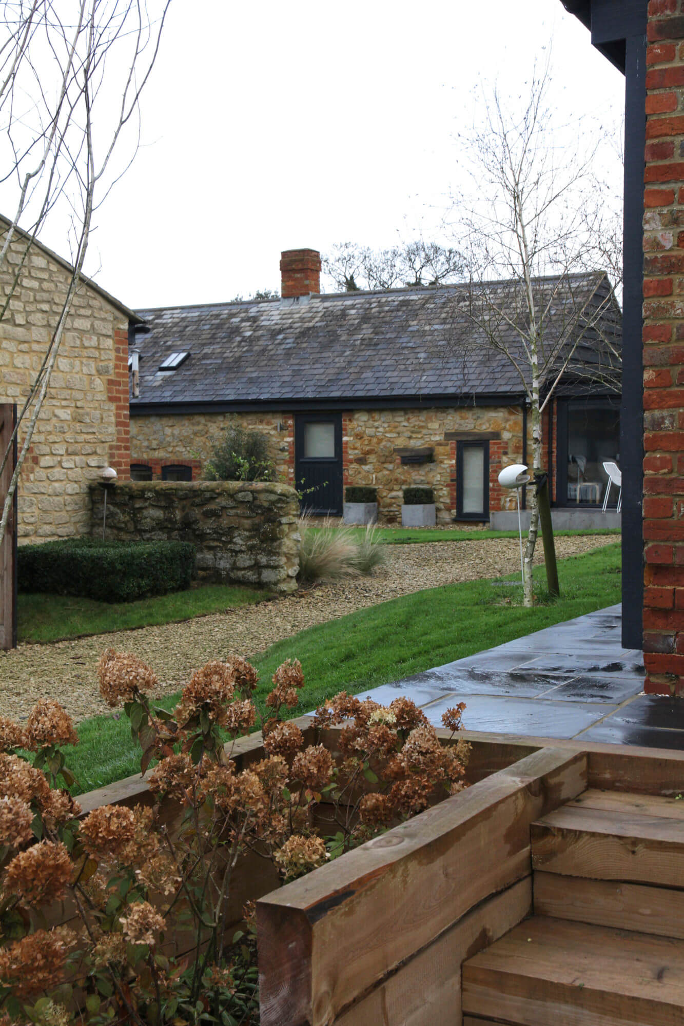 The Cowshed wind shelter courtyards in Winter