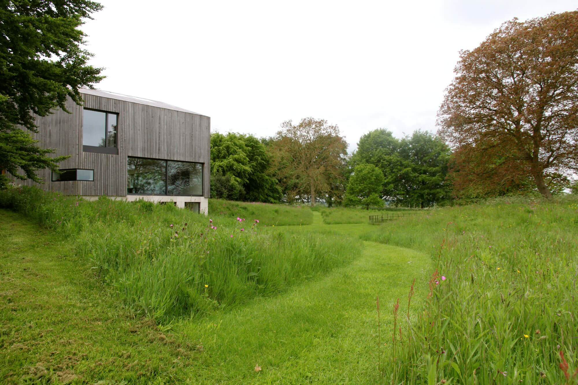 wildflower meadow hills and mown paths surrounding a natural swimming pool and barn house