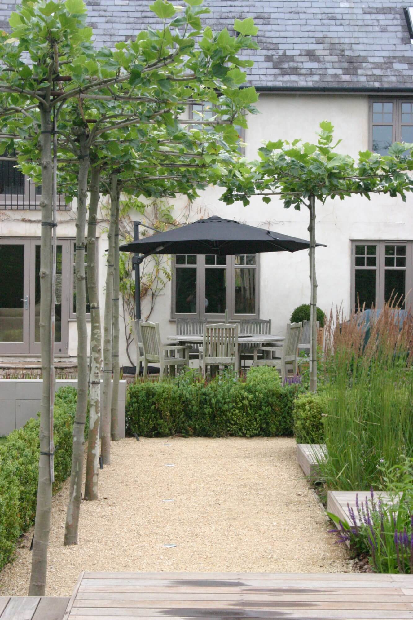 Cotswolds style farmhouse with pleached trees and pathway