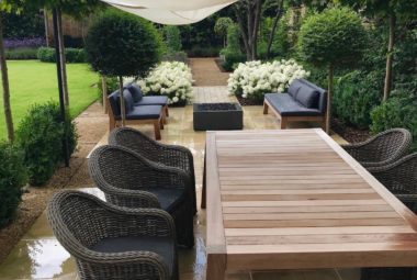 townhouse garden in Oxford shade sail weather protection over dining area