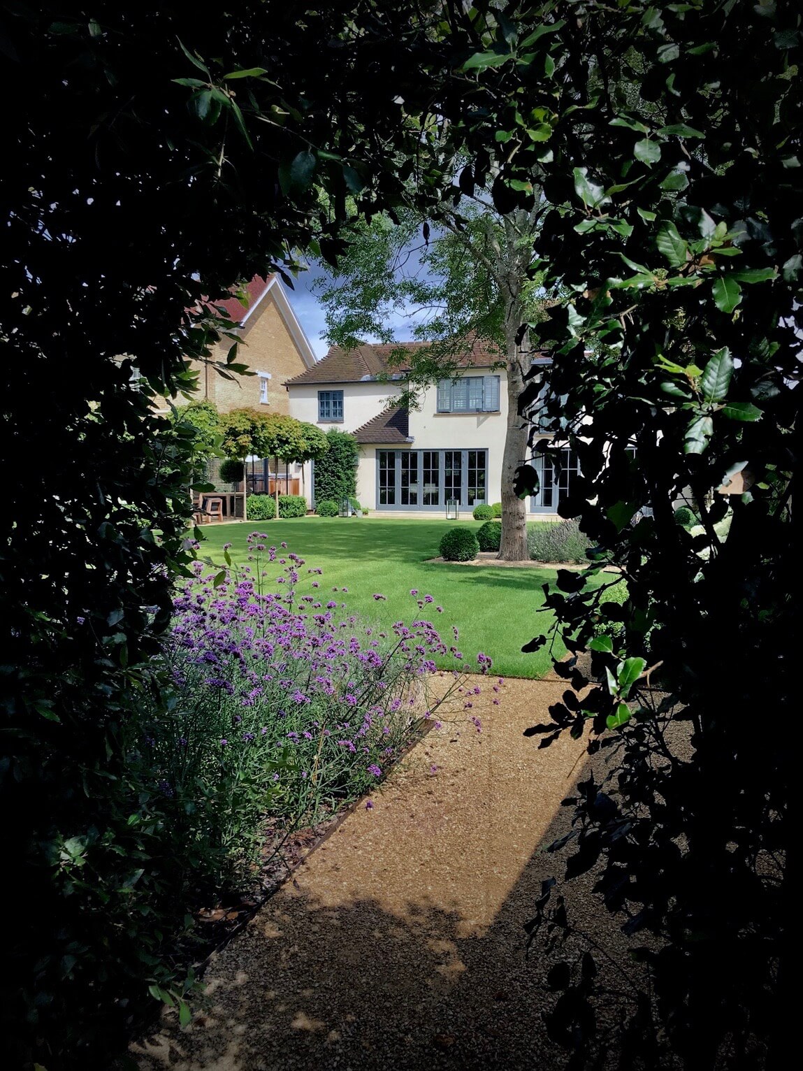 townhouse garden in Oxford viewed through a hole in a hedge