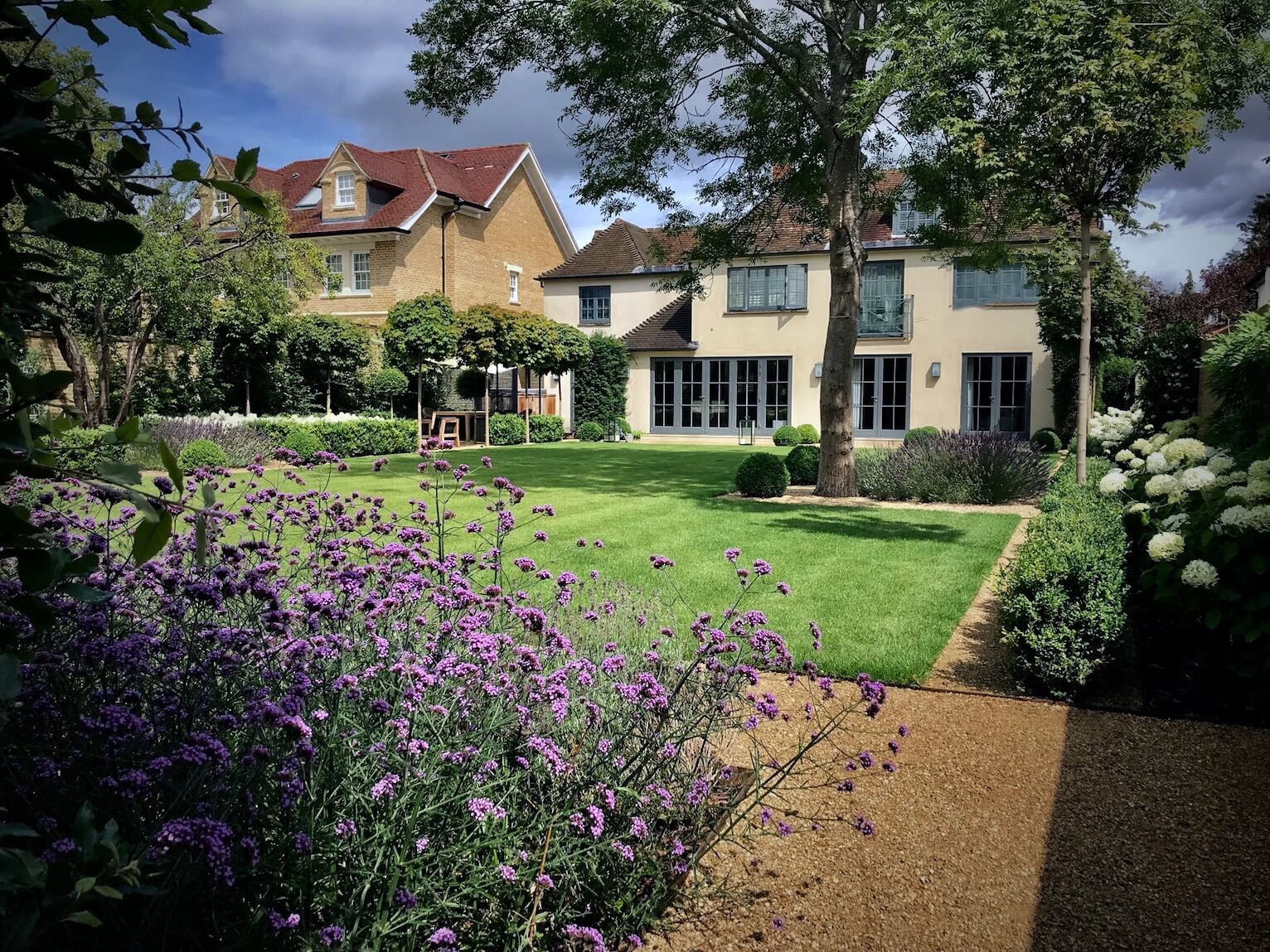 townhouse garden in Oxford with verbena flowers in purple against a gravel path