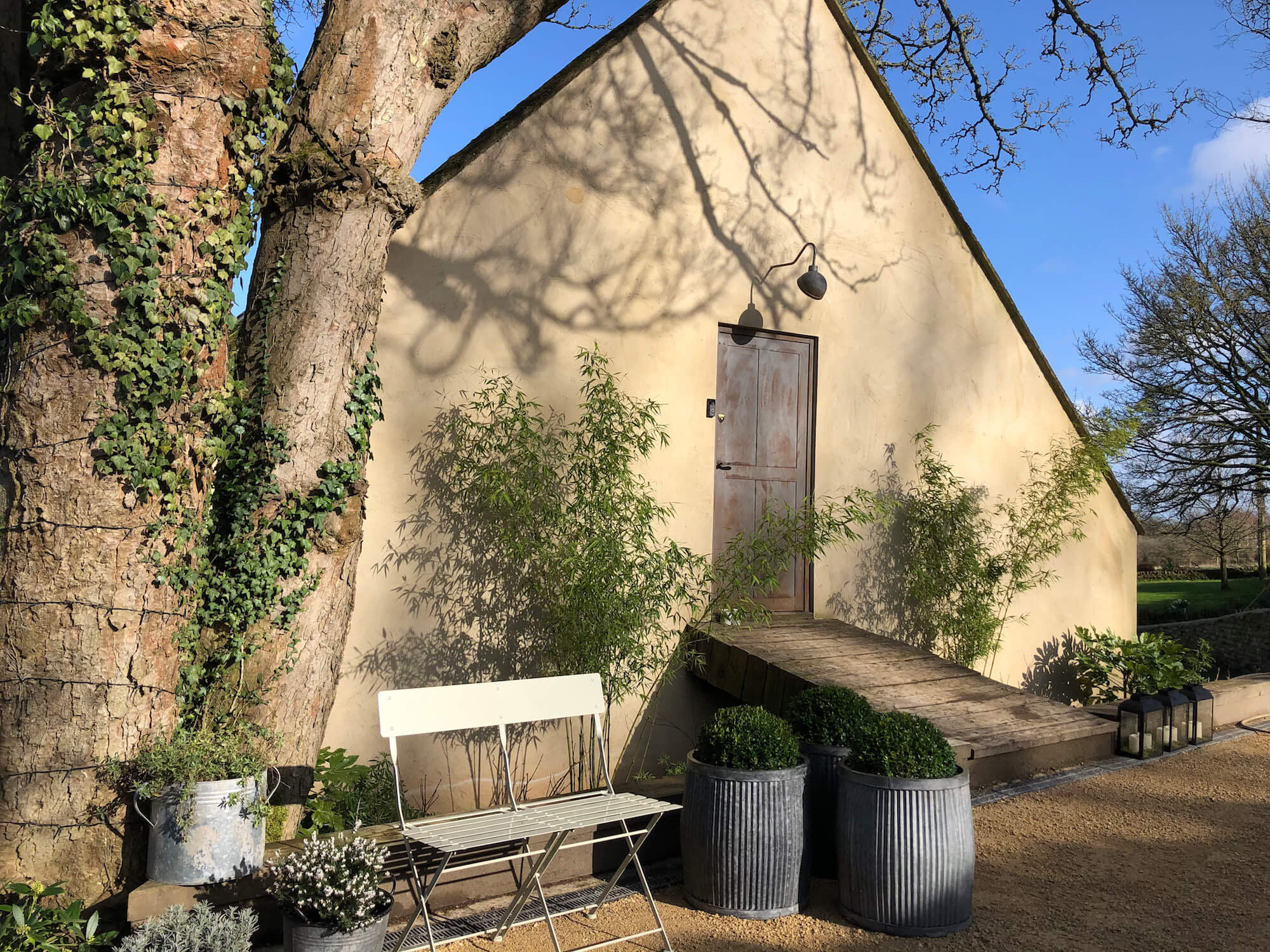 Pointed shaped front of Barn house with planting