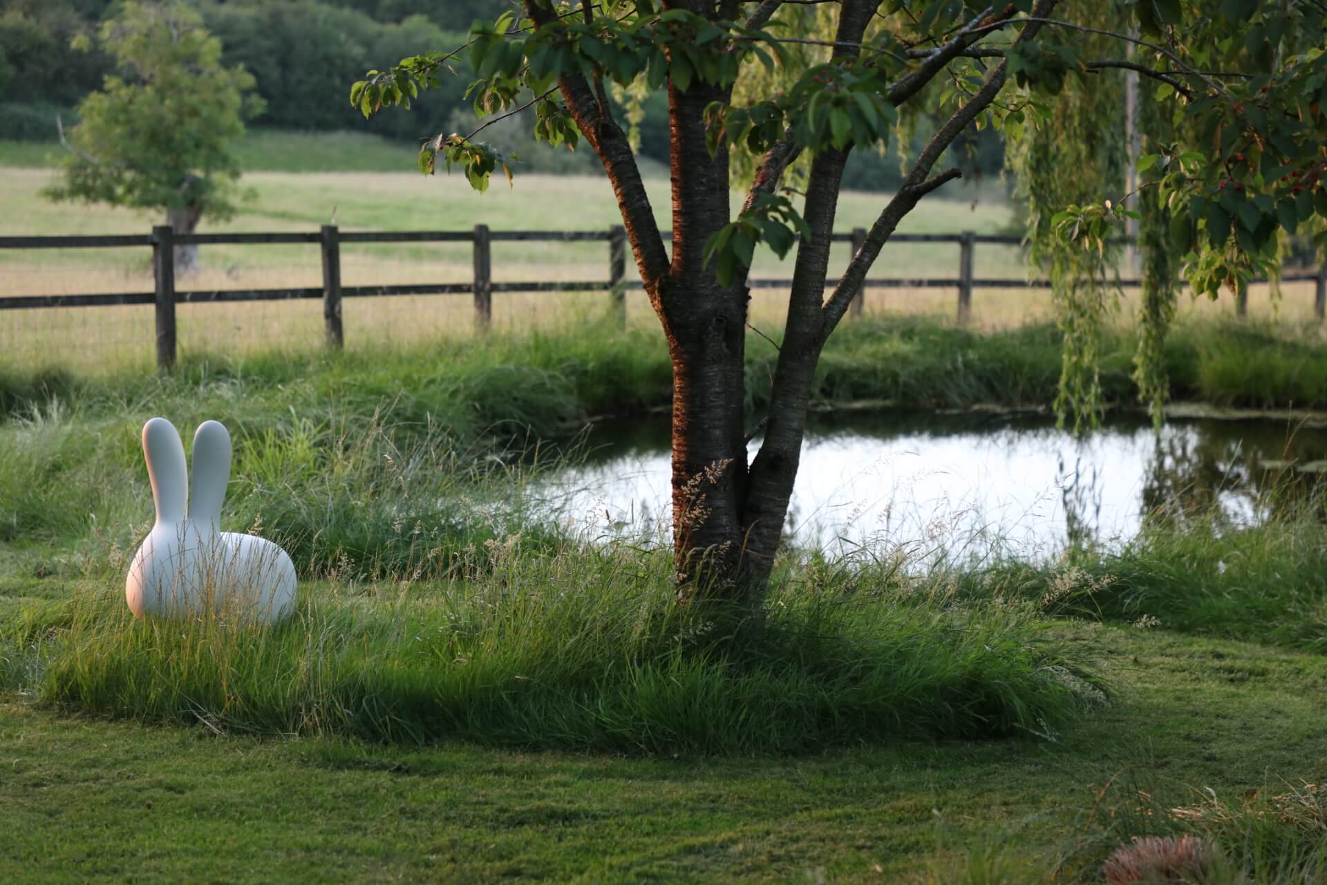 wildlife pond in a rural setting with a white rabbit sculpture