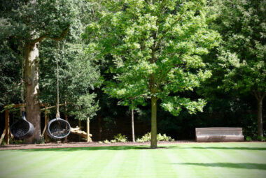 a garden swing and designers bench in green henley-on-thames garden