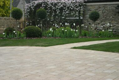 Climber trailing over wall into topiary front garden