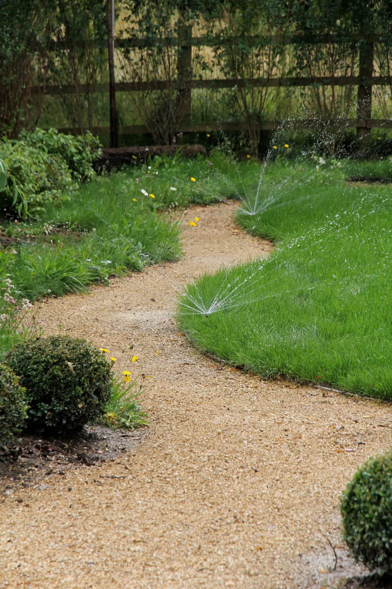 Sprinkler system in use on lawn