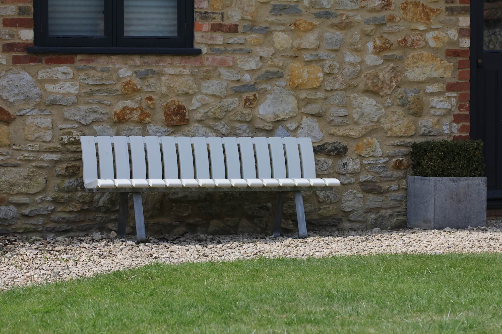 white modern garden bench