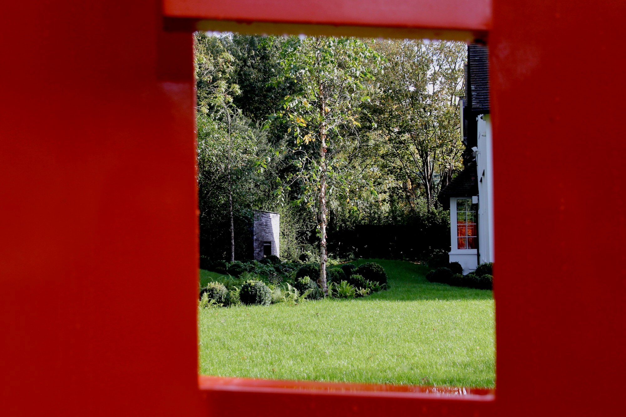 Close up view from inside the giant red square sculpture