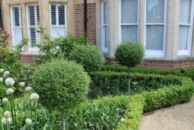 Red brick house with topiary front garden and bay windows