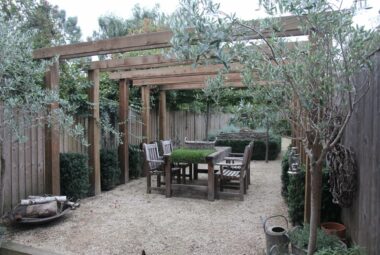 modern townhouse garden with wooden roofs and green topiary