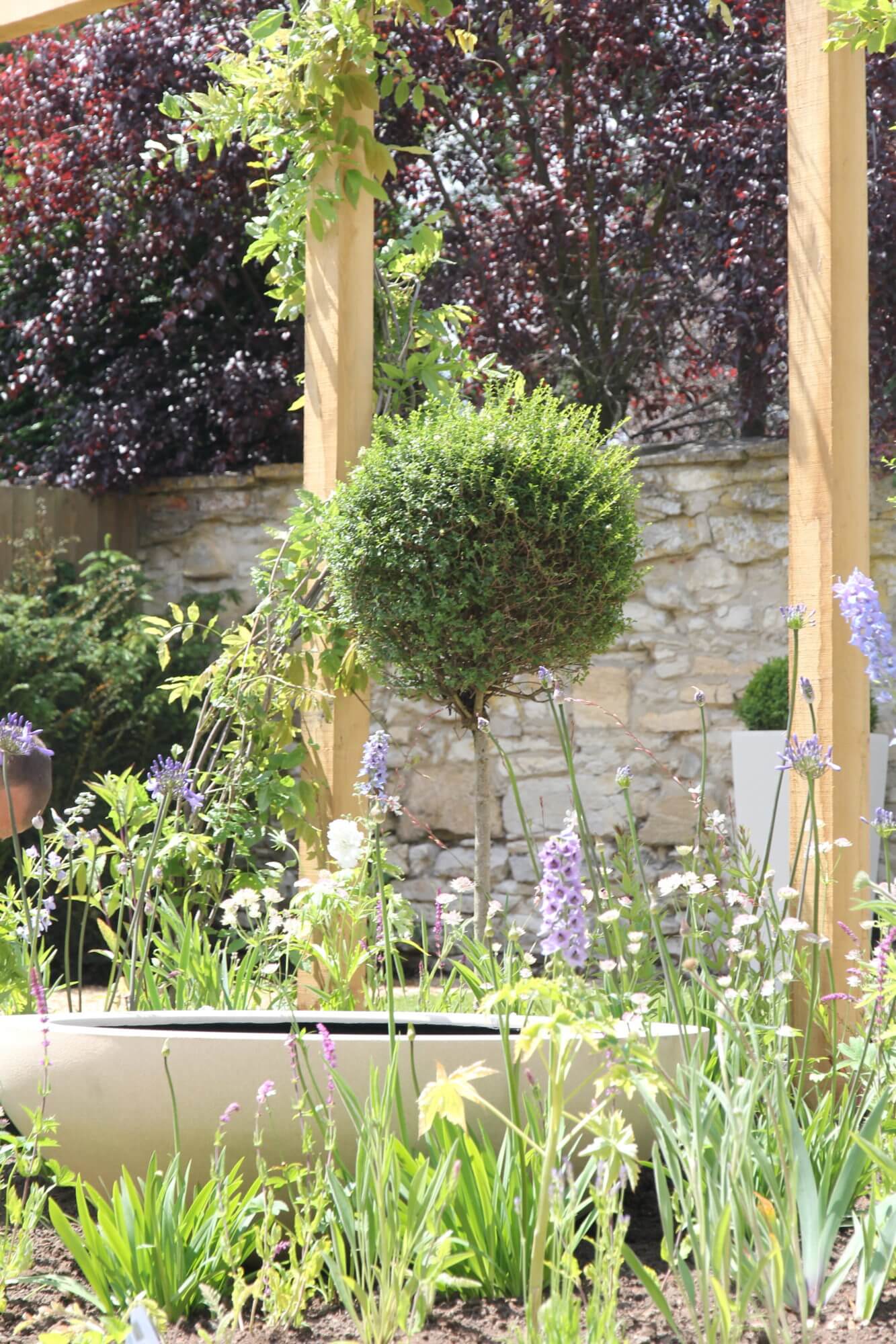 Topiary lollipop next to water bowl and surrounded by wild flowers