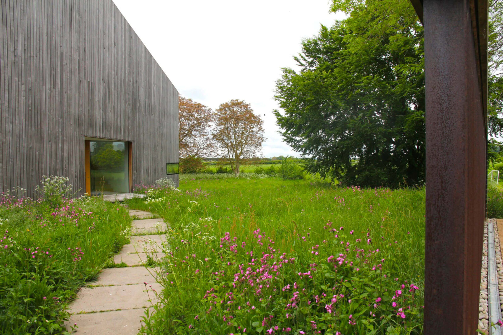 modern country barn landscaped with wildflowers