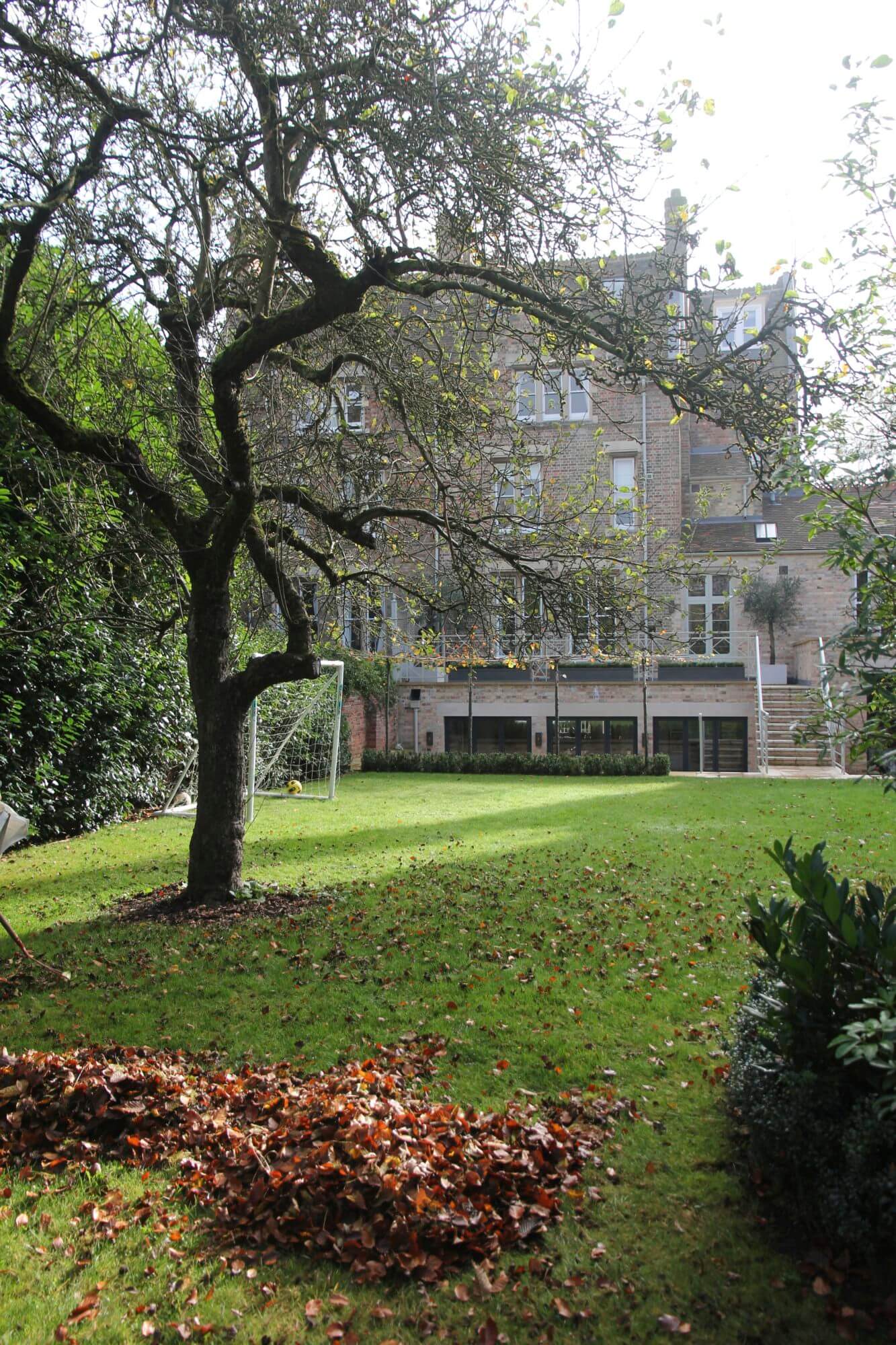 brown and orange leave pile on green lawn with big tree and football goal