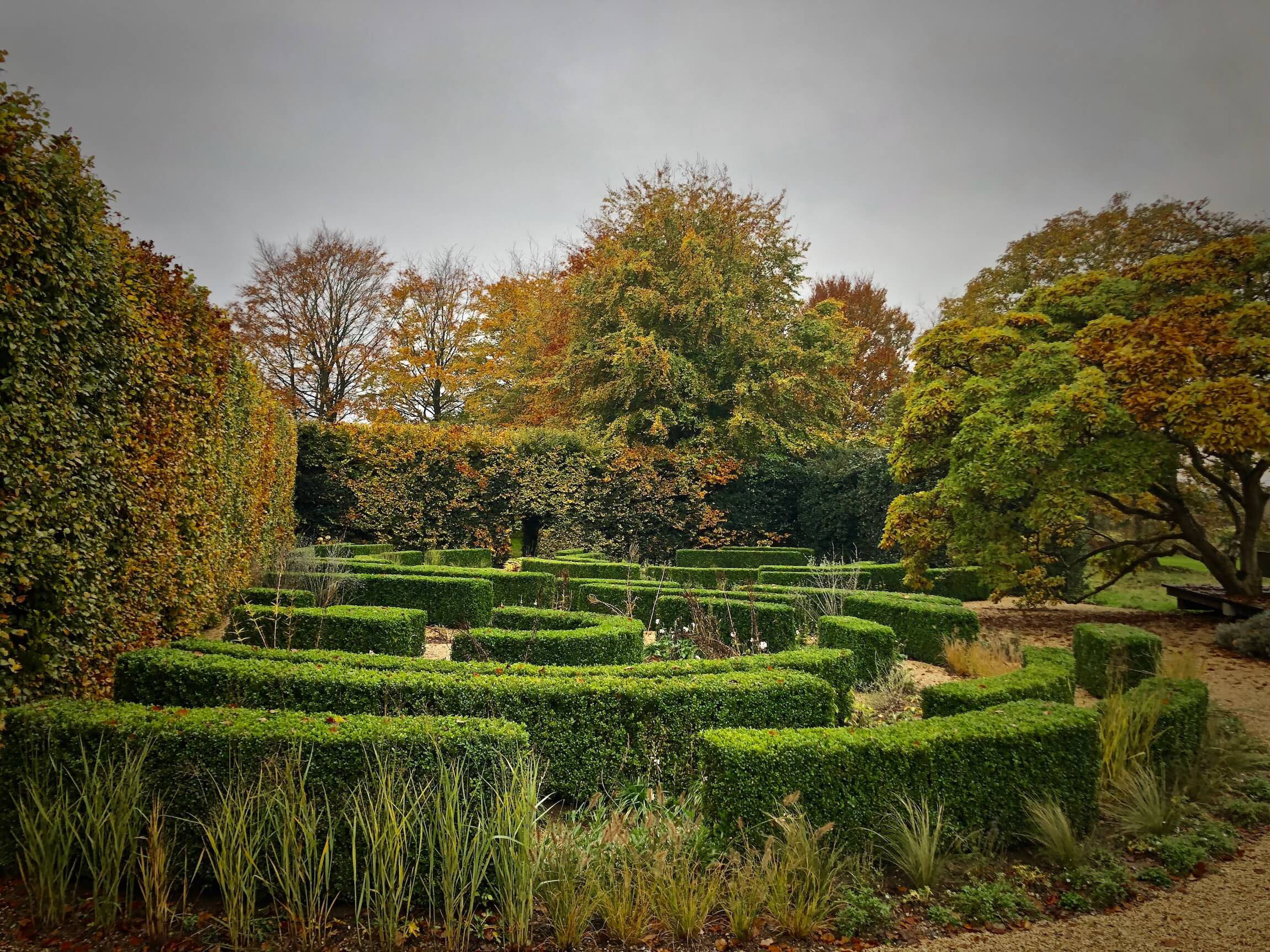 natural walled garden in Kingham go Beech with swirly buxus parterre and autumn colour