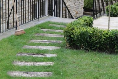 Stepping stones across garden lawn