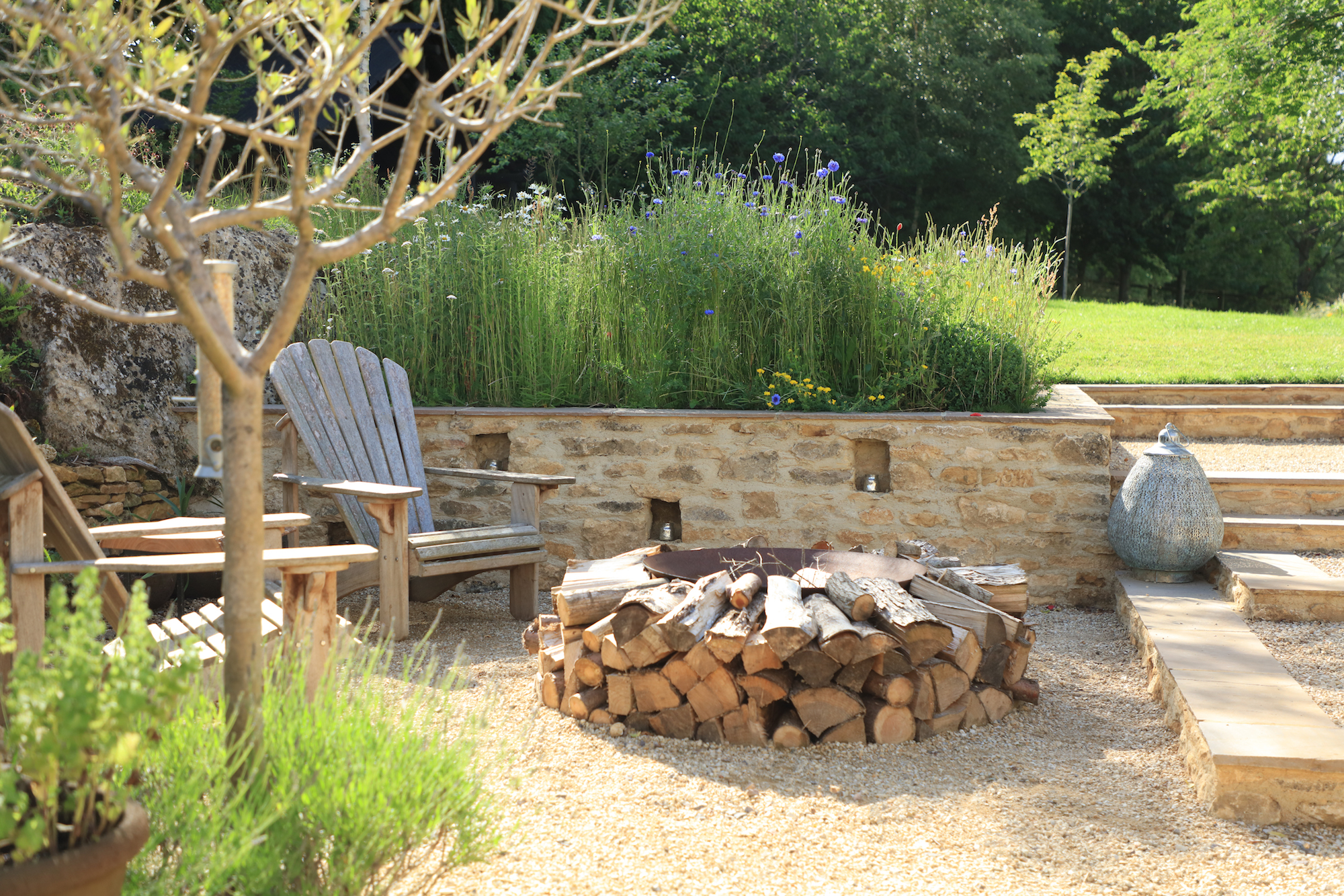 outdoor fire pit with Adirondack chairs