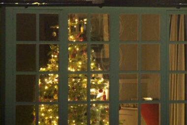 Warm lights on christmas tree seen through the bay window