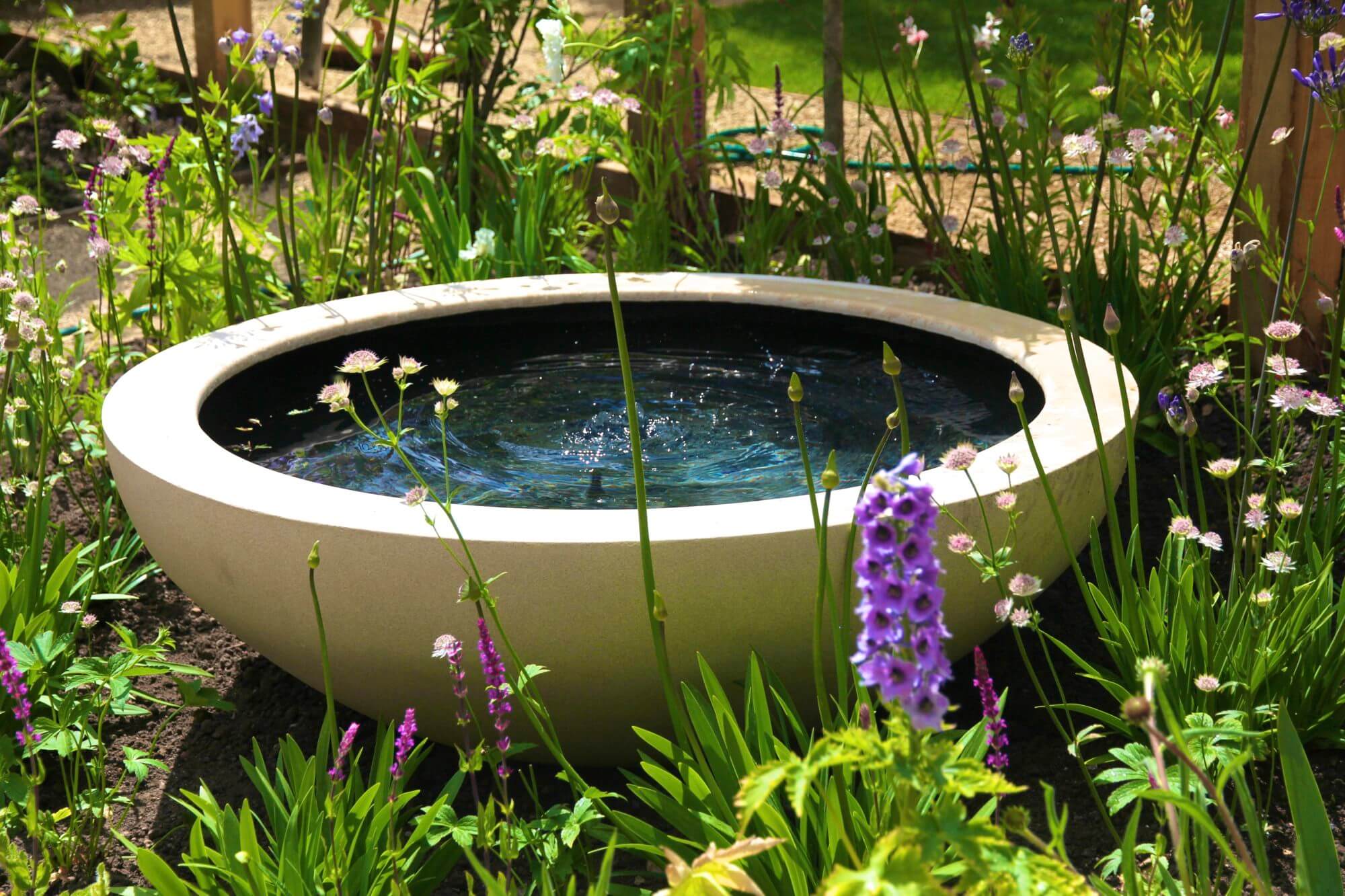 blu water in a water feature bowl in garden of flowers