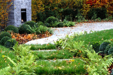 landscaped garden in September with outdoor fireplace and orange and yellow foliage and fallen leaves