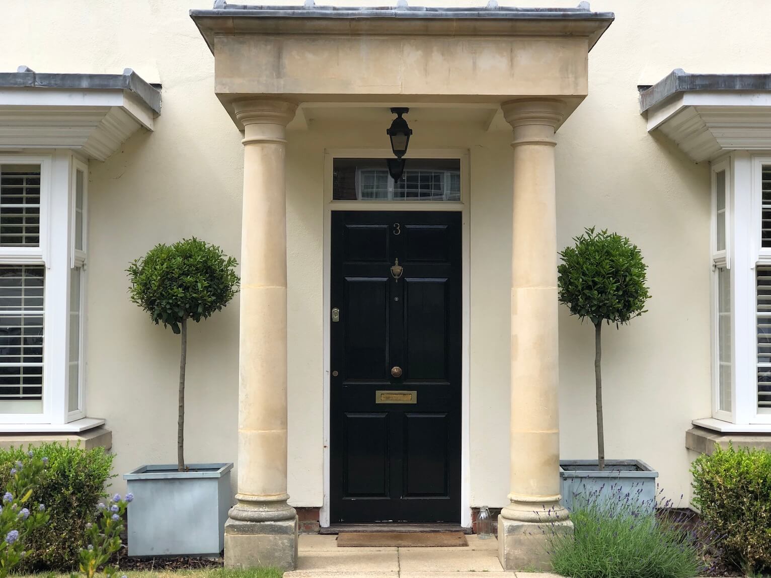 bay tree front garden with black door London