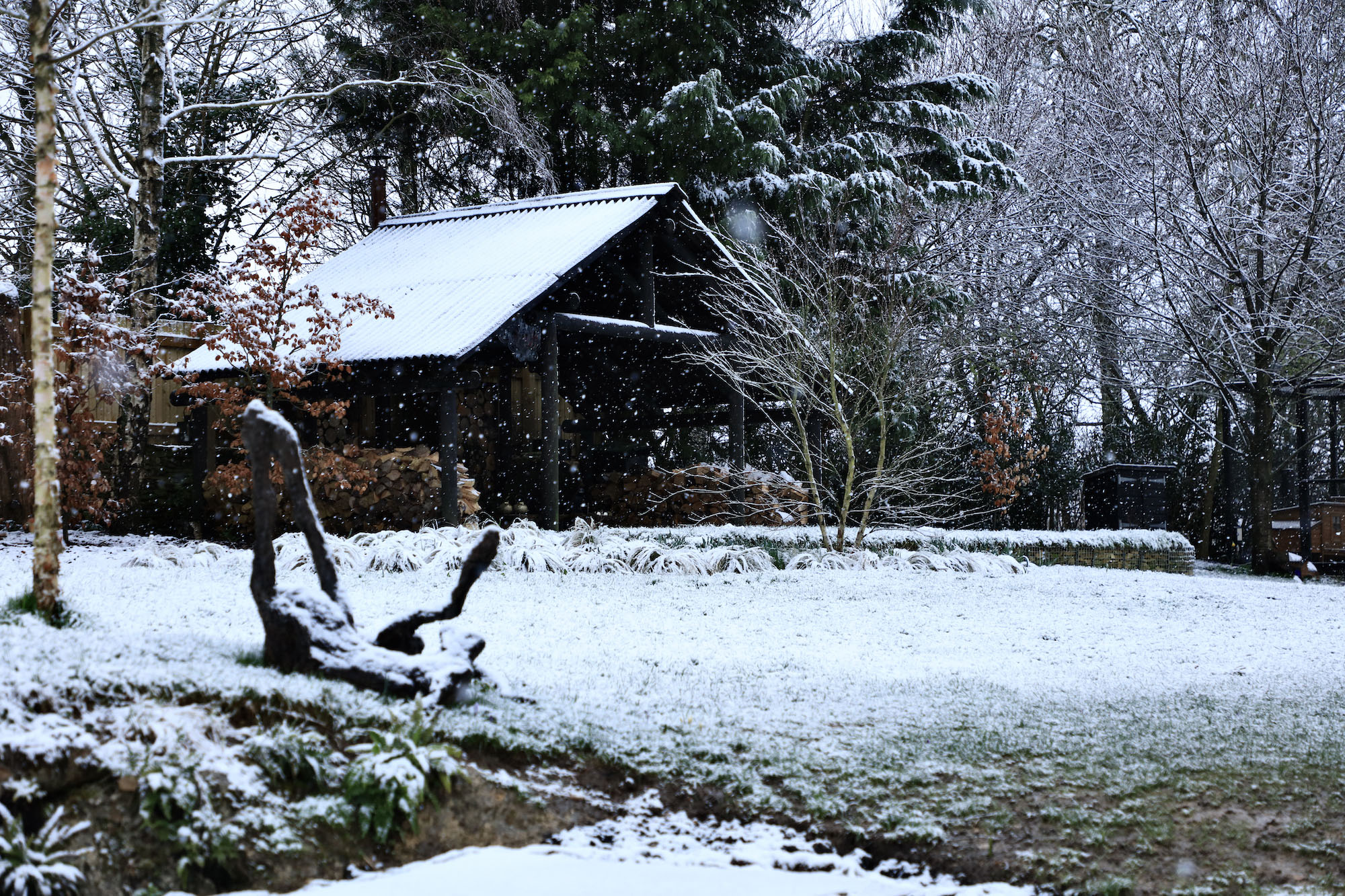 Private garden shack made from wood with snow falling