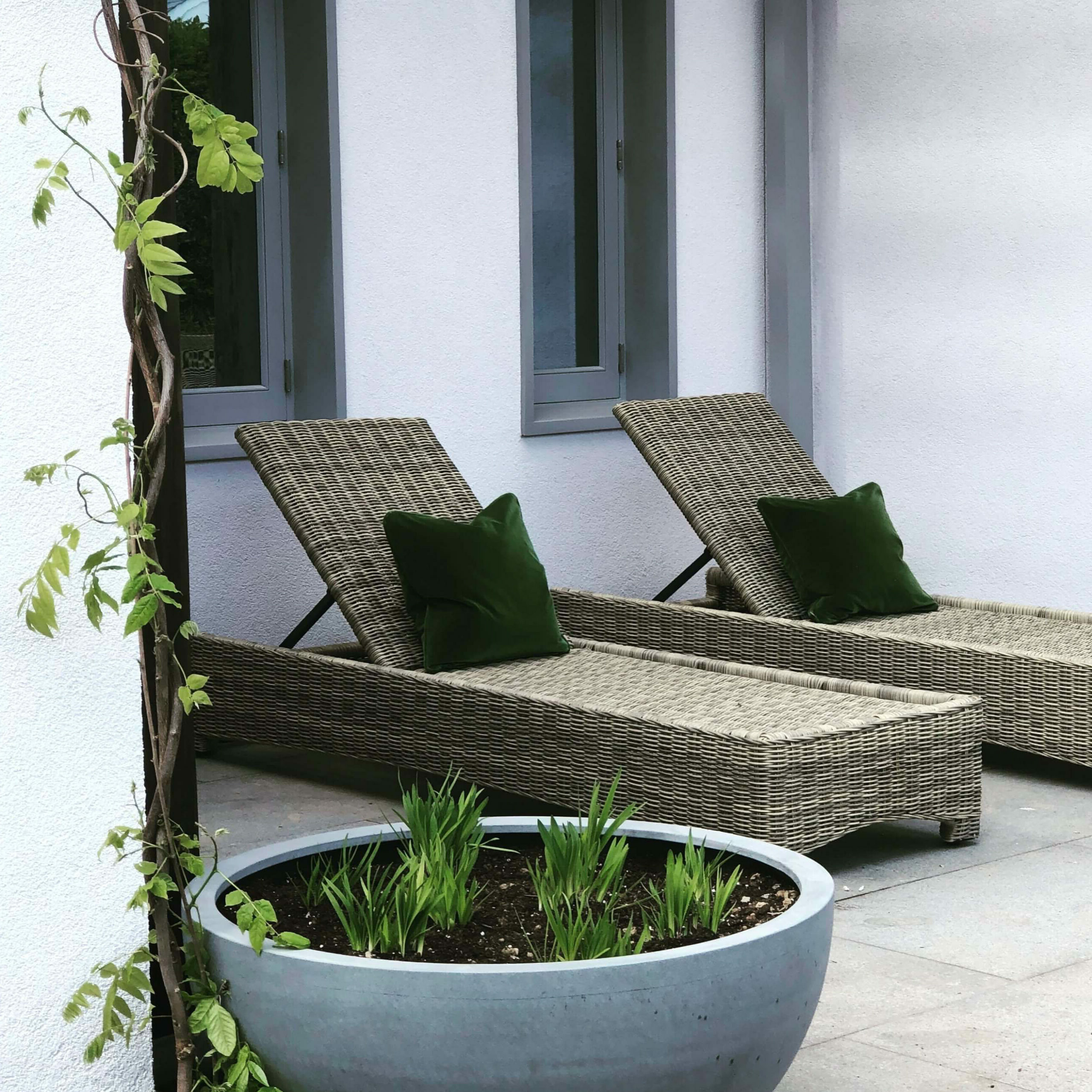sun loungers with velvet cushions in a cornwall garden design