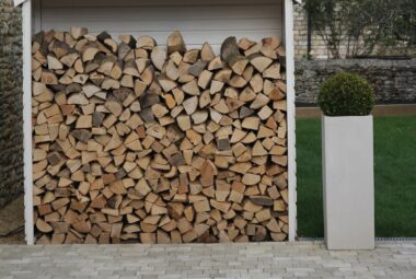 a shed with a built in log store in a twonhouse garden