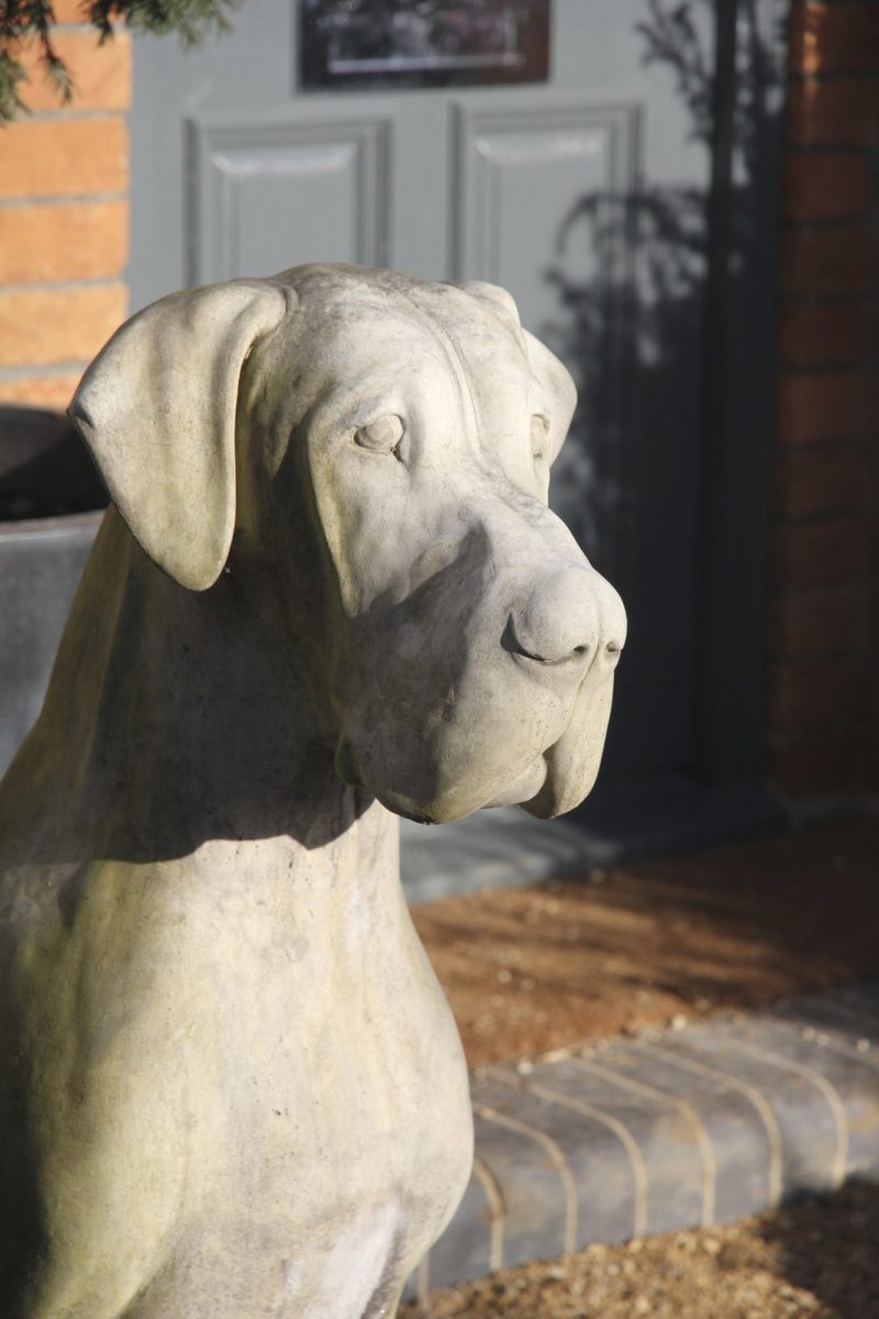 Dog sculpture at front of house