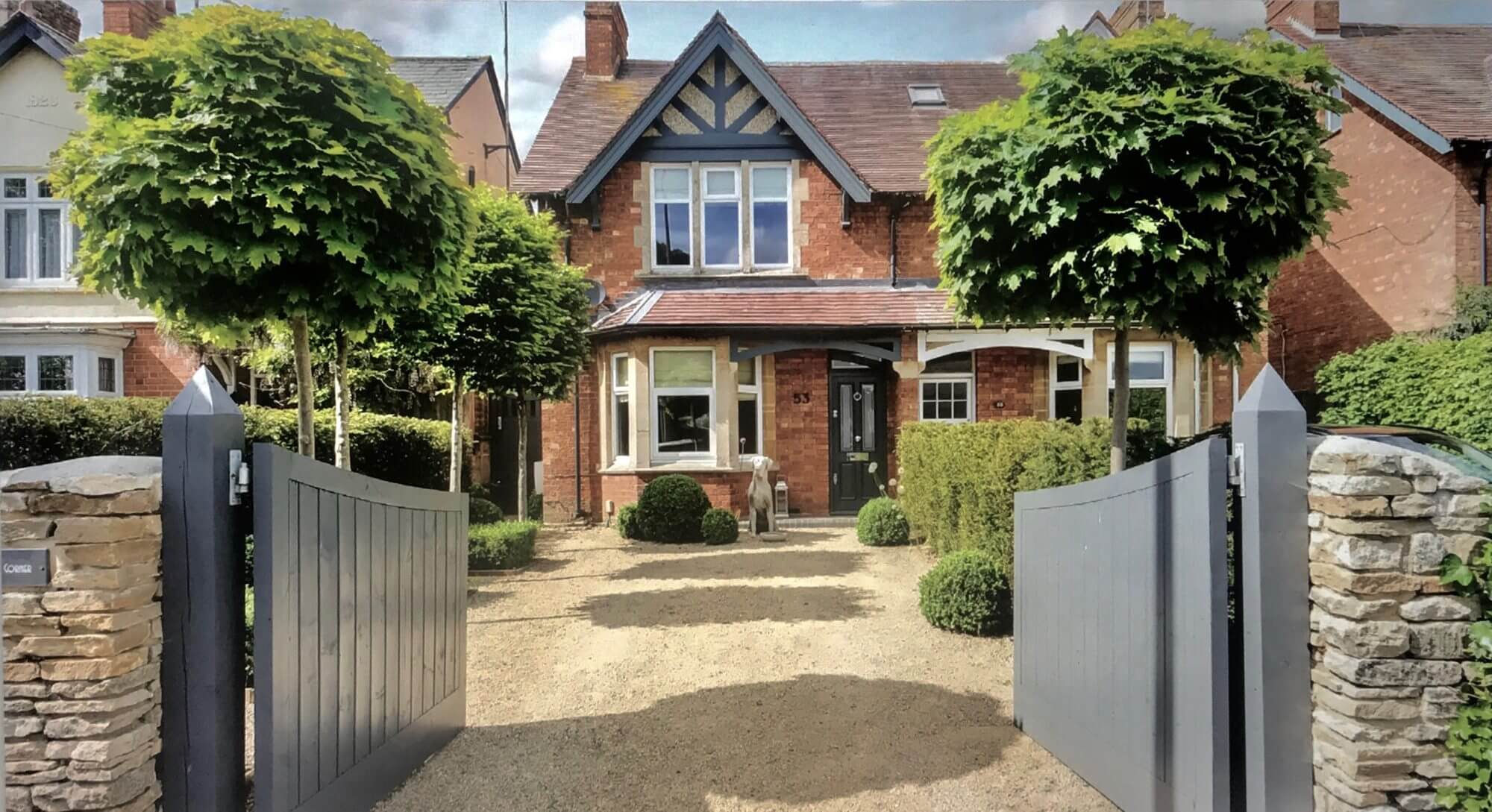 farrow & ball downpipe painted victorian town house in witney with topiary front garden