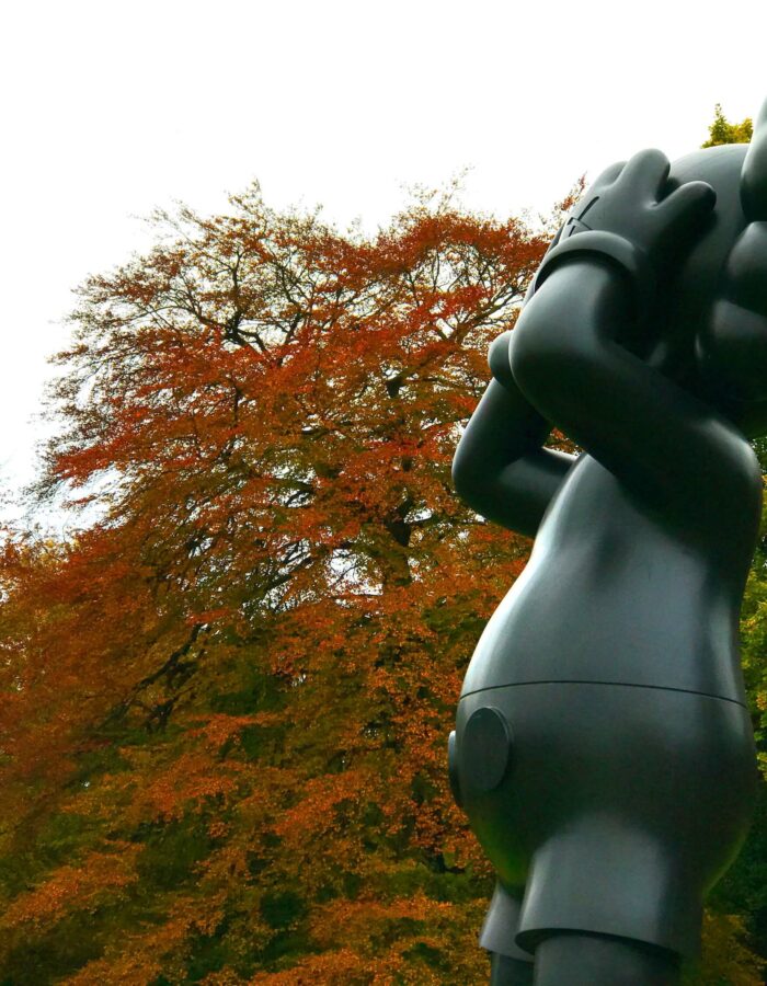 Kaws landscape art sculpture at a sculpture park in Autumn