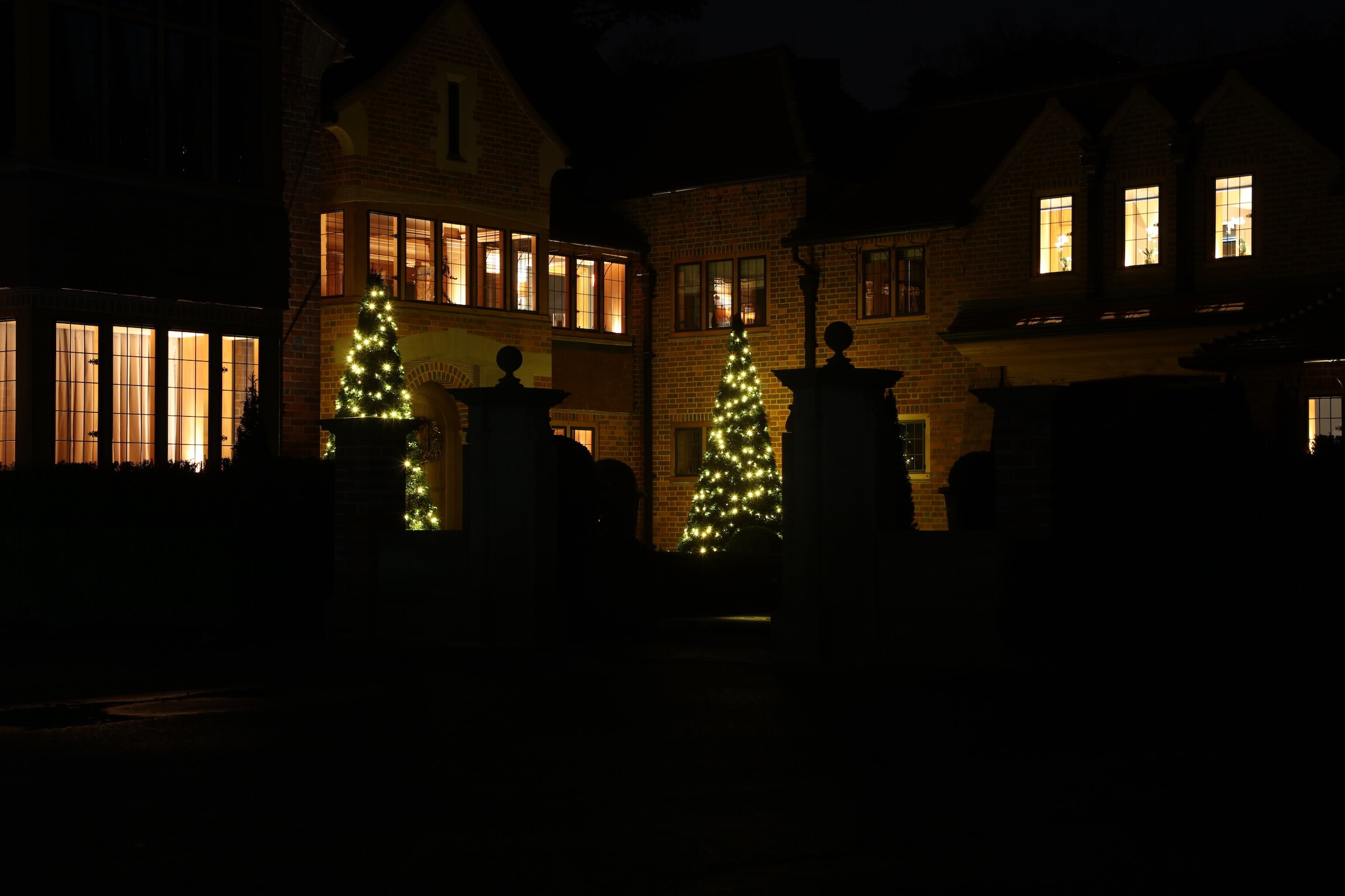 courtyard garden at night with Christmas lights