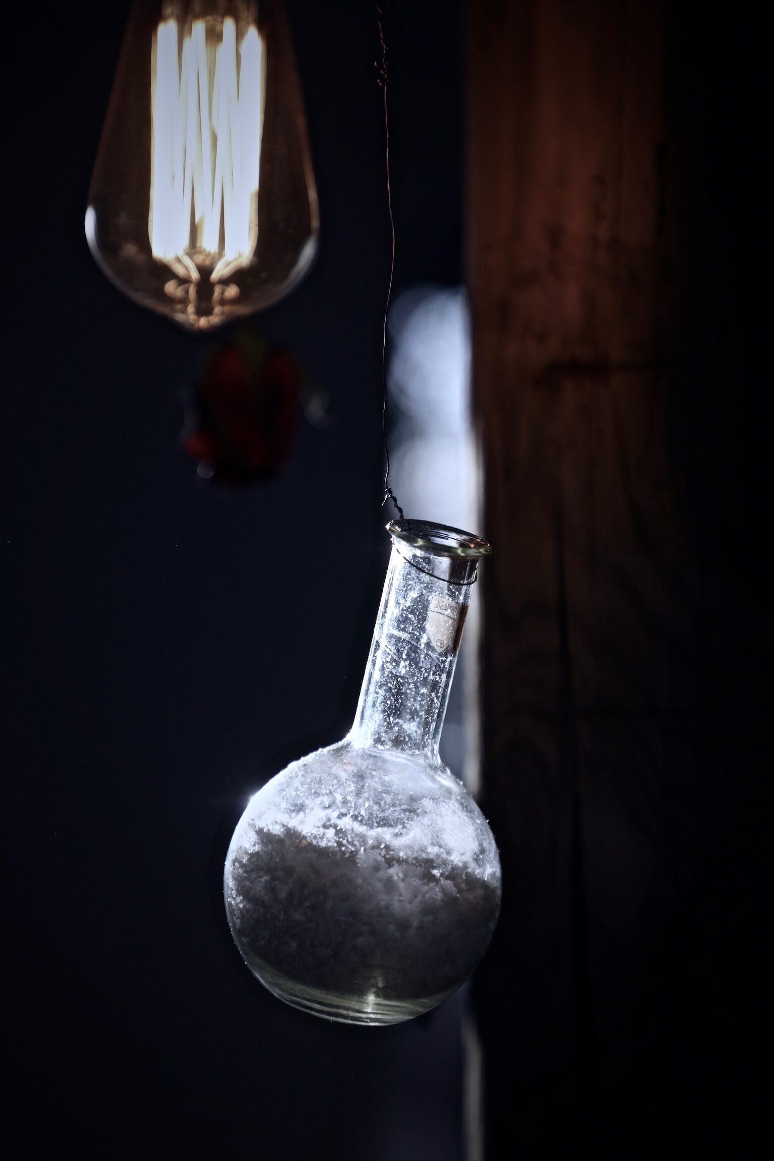 filament light bulb and test-tube of snow hanging