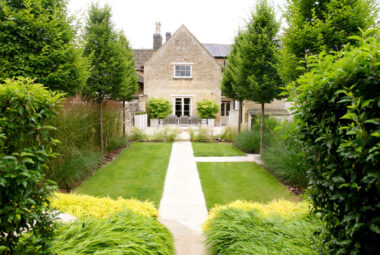 a modern garden design layout of green trees and hedges