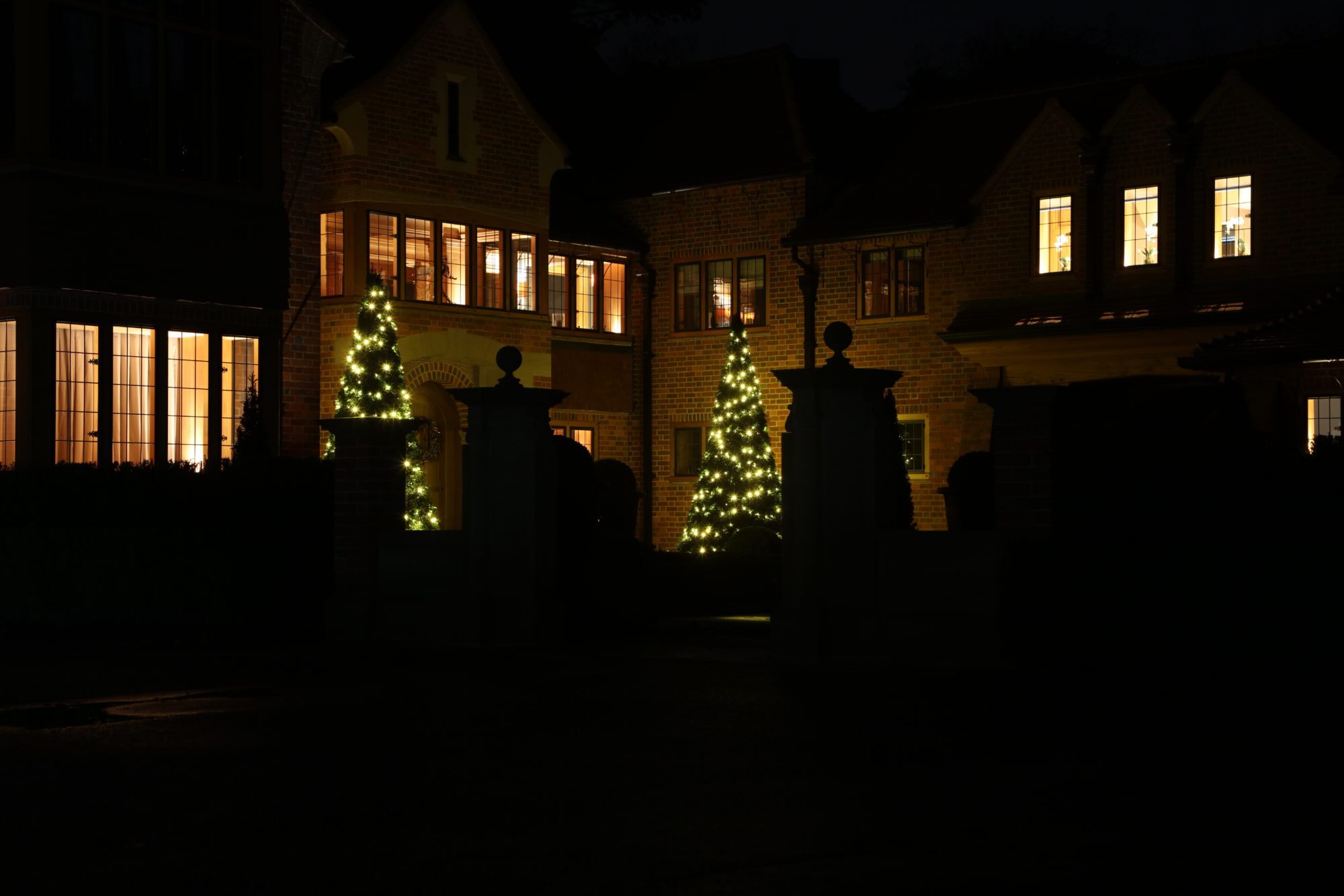 Giant christmas trees at entrance of home