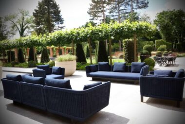 Harpsden Wood House poolside navy garden furniture