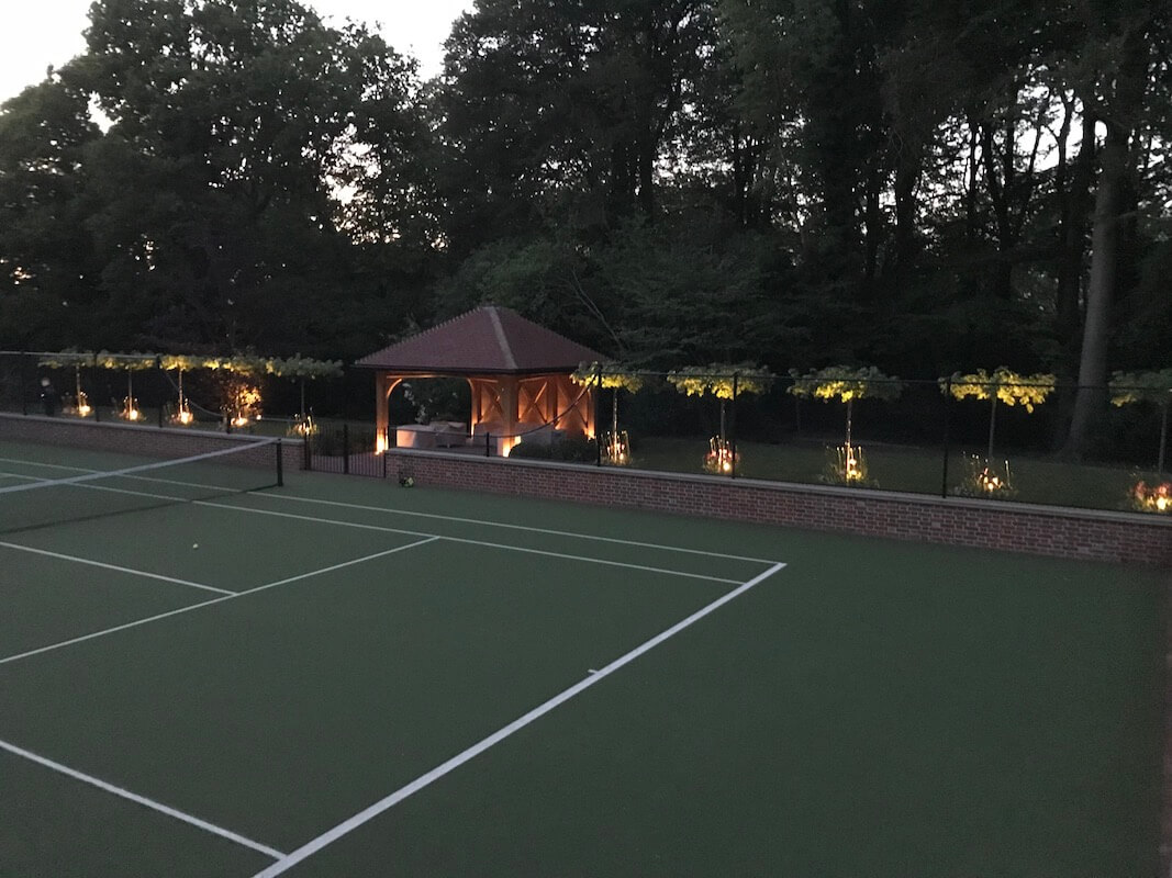 Harpsden Wood House in Henley-on-Thames grounds and gardens estate garden lighting tennis court