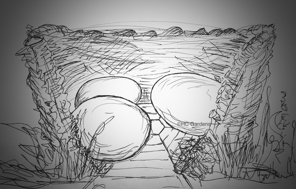 a garden design line drawing of a proposed willow and hazel landscape nest with clay eggs