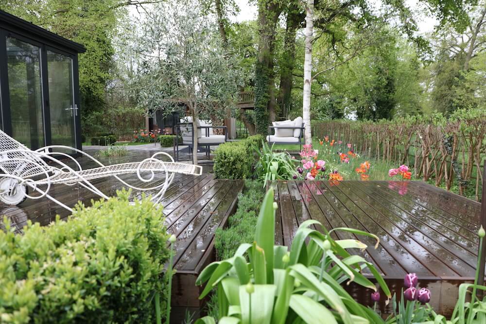 modern country garden with decking tulips and seating