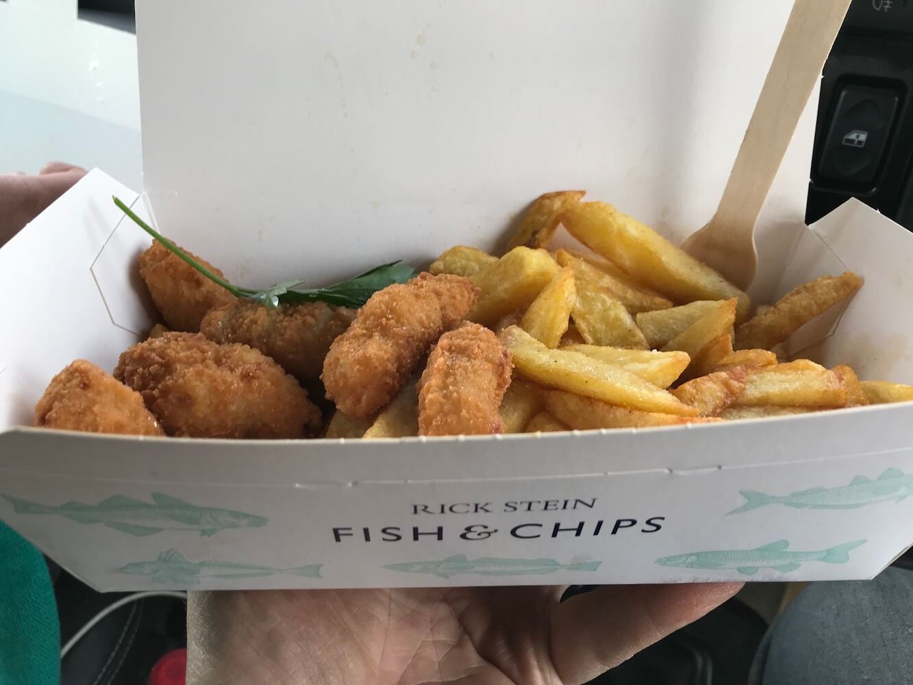 a box of scampi and chips from Rick Steins restaurant
