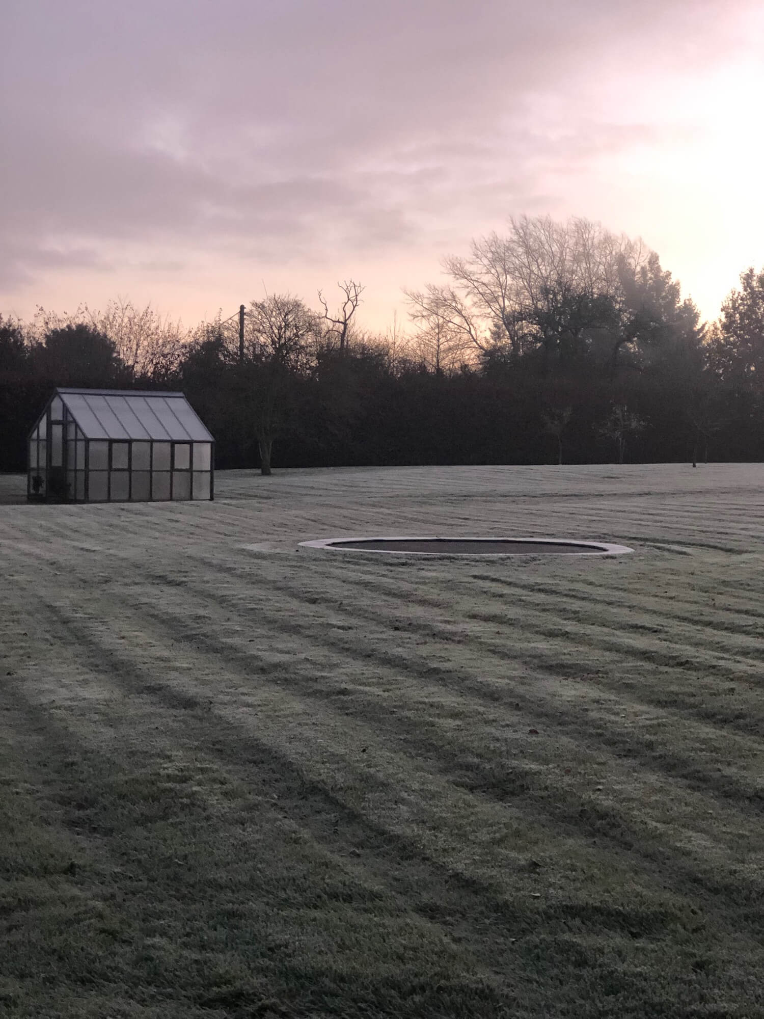 Kingham green house and trampoline in a garden on a winter morning