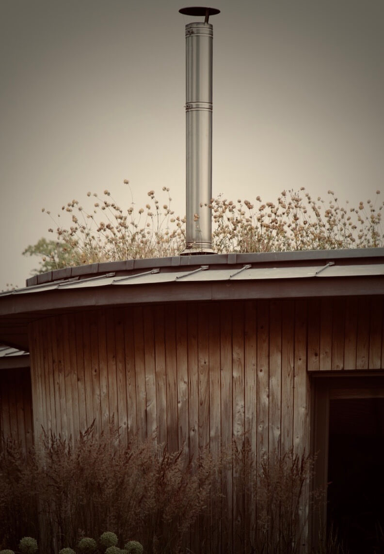 timber house with living roof and chimney